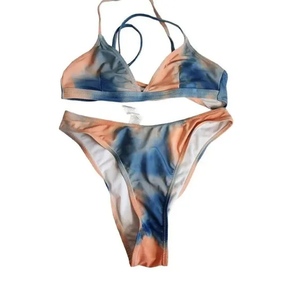 Nasty Gal Tie Dye Triangle Strappy Bikini Set Size 2 - Picture 4 of 11